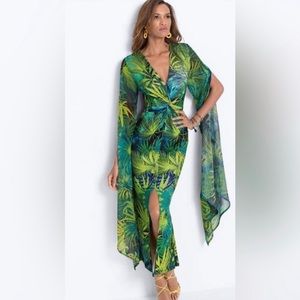 Exotic palm print dress with exaggerated flowing sleeves size Medium.